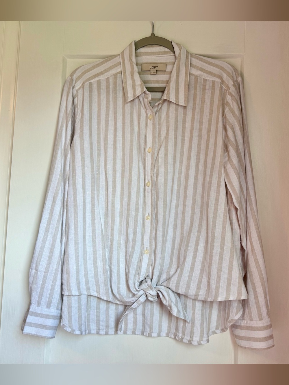 LOFT Beige & White Striped Button-Up Top with Front Tie